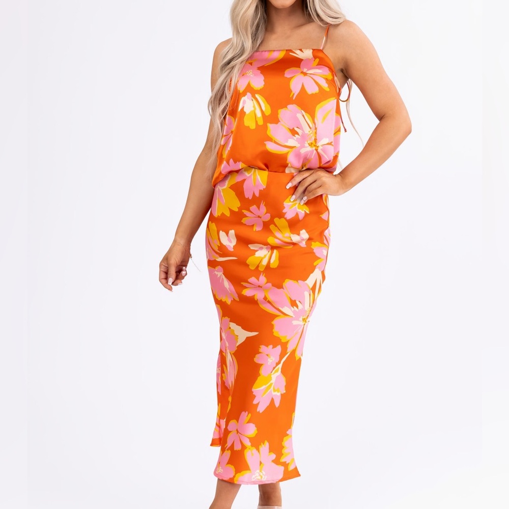 Floral Print Top and Satin Midi Skirt Set